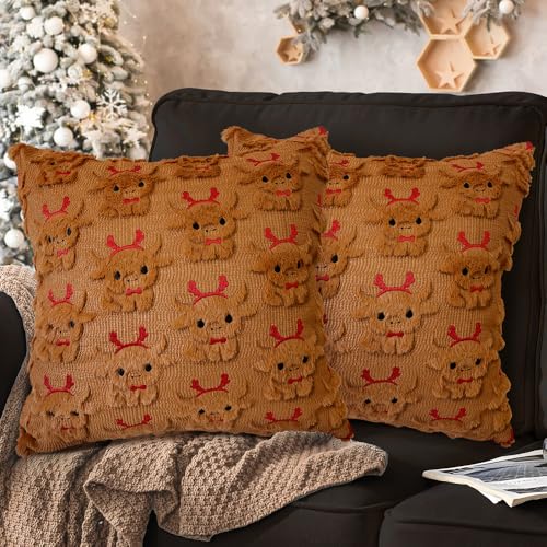 Brown Highland Cow Throw Pillow Cover Set of 2 18x18 with Elk Headband Christmas Decor