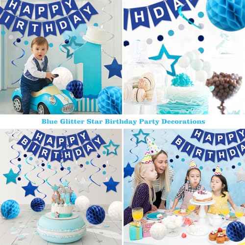 Blue Happy Birthday Party Decorations Set with Banner and Honeycomb Balls