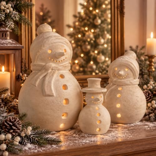 Skylety Rustic Terracotta LED Snowman Figurines Set - Christmas Decor, Battery-Powered Lights