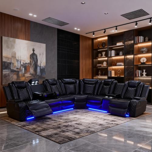 Power Reclining Leather Sectional Sofa with LED Lights and Storage Console