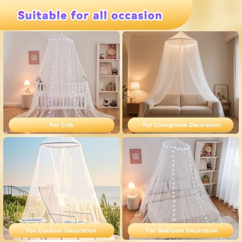 Princess Bed Canopy with LED Star Lights & Remote Timer for Twin to King Beds