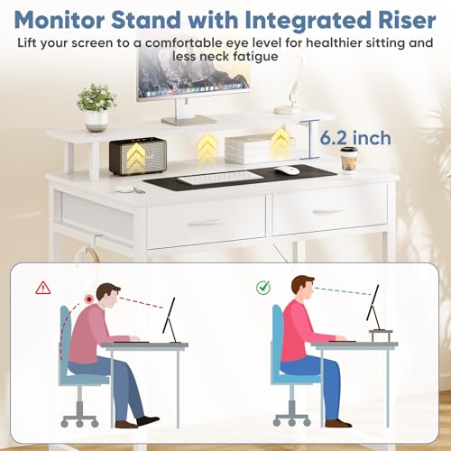 31-Inch Small Computer Desk with Drawers and Monitor Stand - White