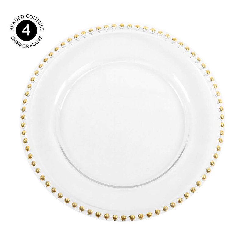 Koyal Wholesale 12.5" Round Clear Glass Gold Beaded Couture Charger Plate, 4-pack