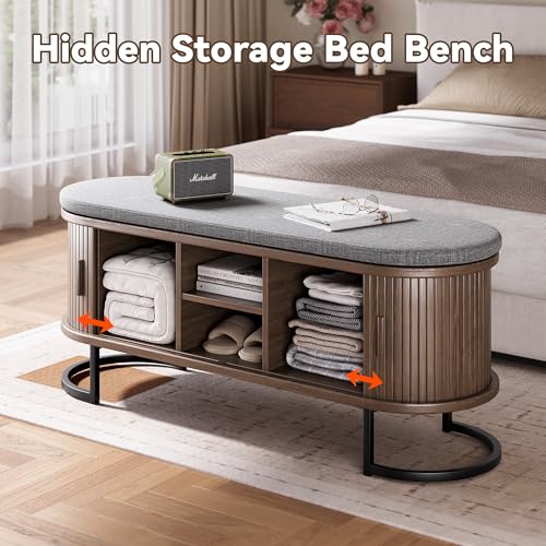 47-Inch Shoe Storage Bench with Cushioned Seat and Sliding Doors
