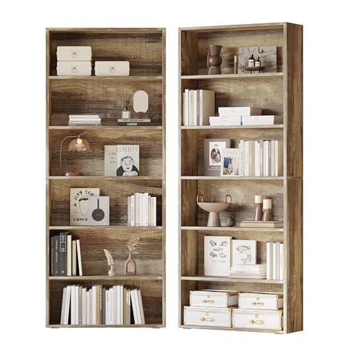 70-Inch 6-Tier Tall Bookshelf Set of 2, Industrial Wood Display Shelves