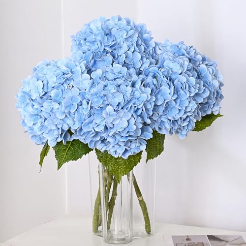 Real Touch Artificial Hydrangea Flowers 21" Large Stems, 3-Pack (Blue)