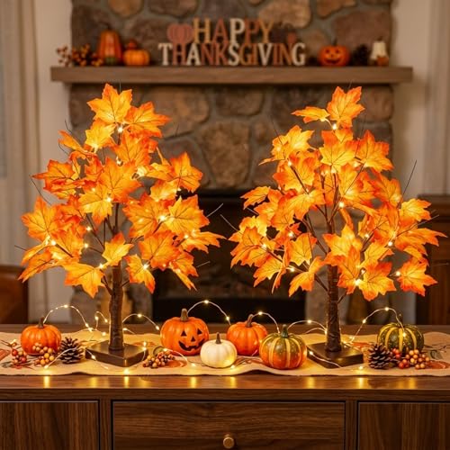Lighted Artificial Fall Maple Tree - 22" Battery Operated with 24 LEDs - 2 Pack Fall Decorations for Indoor Use