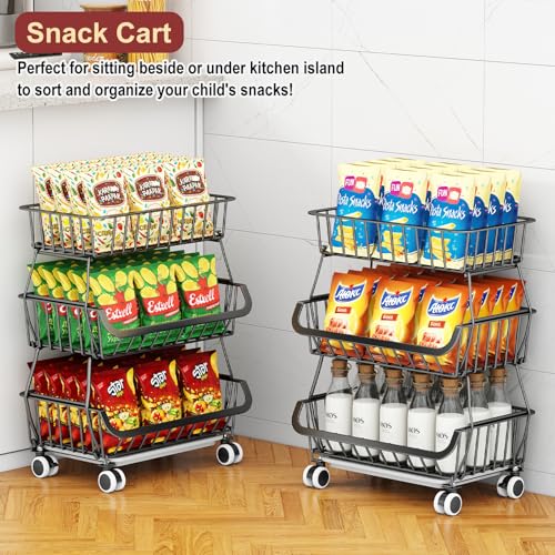3-Tier Rolling Pantry Cart, Stackable Wire Fruit & Vegetable Basket Stand