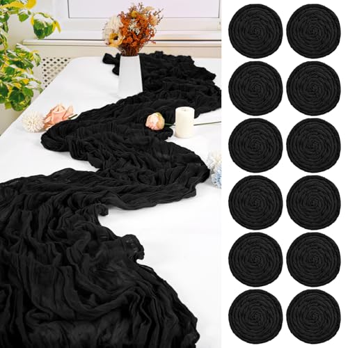FXKS 12 Pack Black Cheesecloth Table Runner 20 x 120 in - Wrinkled Gauze, Hand Washable