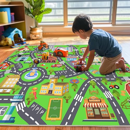 4x5ft Kids City Road Play Mat, Non-Slip Faux Wool Washable Area Rug
