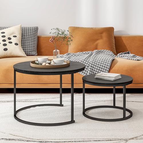 Round Nesting Coffee Table Set of 2, Wood and Metal Stackable Side Tables