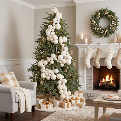 Thiccywoov Cream White 9 ft Velvet Ball Garland Ornament (Large 4in/10cm) – 3 Sizes, Indoor/Outdoor