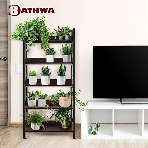 5-Tier Rustic Industrial Ladder Bookshelf, Wooden Storage Display Shelf