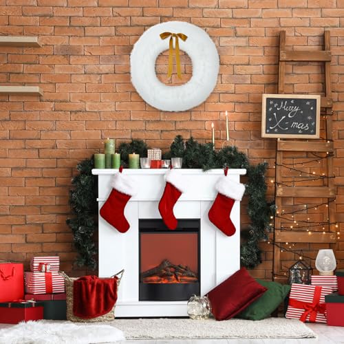 Suncalla 14-Inch White Furry Christmas Wreath with Khaki Bow - Holiday Door Decor