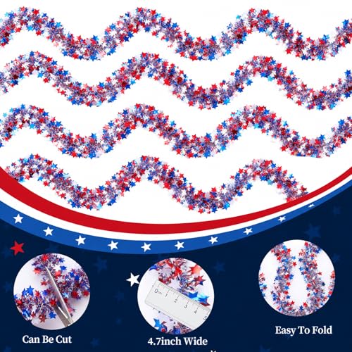 Patriotic Red White & Blue Star Tinsel Garland - 52.5ft 4th of July Decor