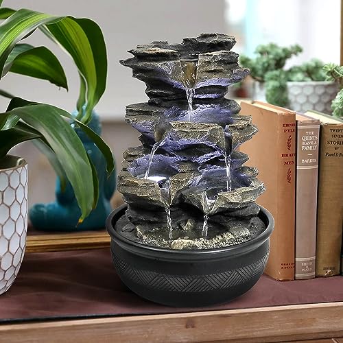 15.7" Tabletop Water Fountain with LED Lights - 5-Tier Indoor Rock Waterfall