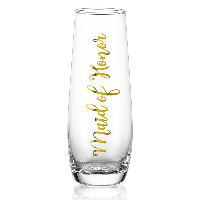 NUPTIO Champagne Glasses Maid of Honor: Stemless Bridal Shower Party Prosecco Flutes Tumbler Wedding Gift Clear Gold Embossed