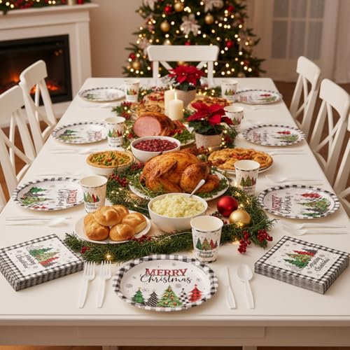 Ziliny Christmas Tree Paper Dinnerware Set with Napkins & Cups, 300 pcs Xmas Party Supplies