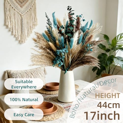17-Inch Turquoise Dried Pampas Grass Bouquet - 60-Stem Boho Vase Filler