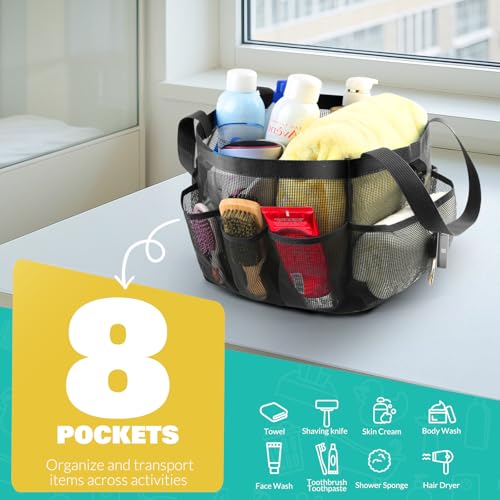 Mesh Shower Caddy Portable College Dorm Essentials with 8 Pockets Black