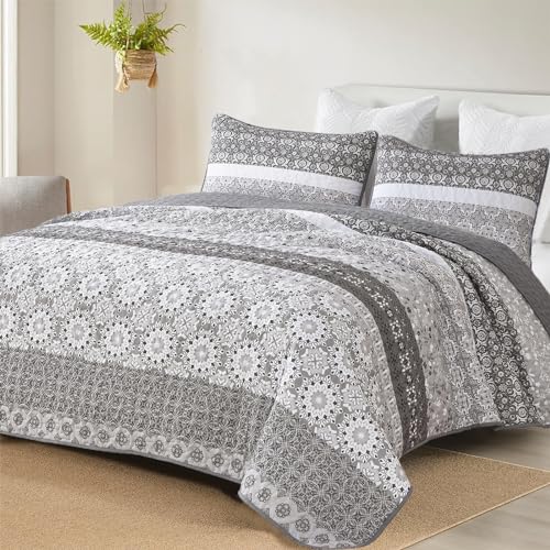 Queen Size Grey Floral Striped Quilt Set - 3 Pieces