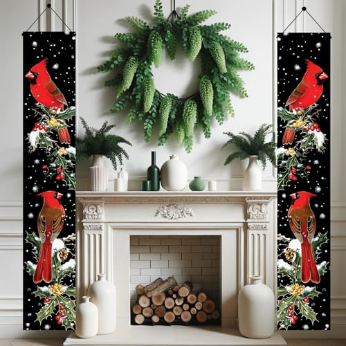 Christmas Cardinal Porch Banner Set 71x12 Inch Winter Holiday Door Decor with Holly & Snow Scene - Saoplasa