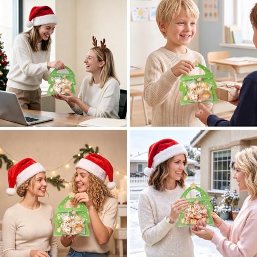 Leafory 50 Pcs Christmas Tree Shaped Treat Bags with Handle, Reusable Gift Bags