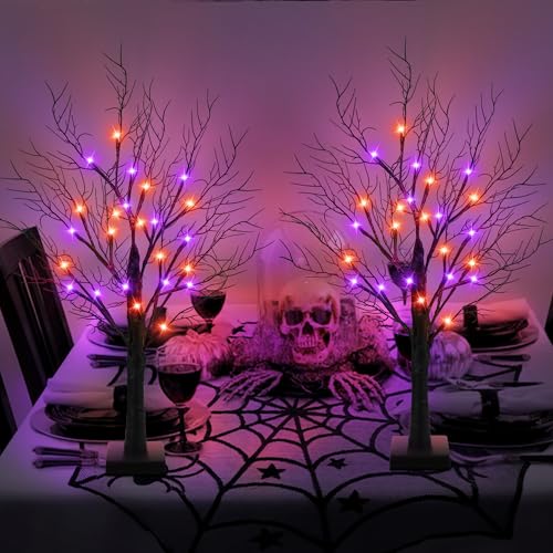 Halloween Tabletop Trees - 2 Pack 24 Inch with Orange & Purple Lights