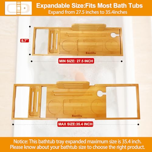 Banlilu Natural Bamboo Bathtub Caddy Tray Expandable Fits Most Tubs