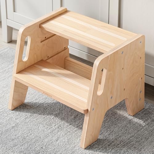 3-Height Adjustable Toddler Step Stool, Wooden Kids Kitchen Helper