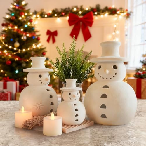 Handmade Terracotta Snowman Figurine - Rustic Christmas Decor & Tealight Holder