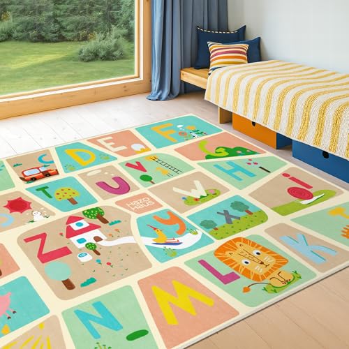 5x7 Alphabet Educational Rug for Kids, Washable Non-Slip Playroom Carpet