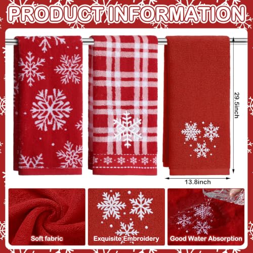 SmoothNovelty 3 Pcs Christmas Hand Towels - Red Snowflake Embroidered Set, 13.78 x 29.53 in