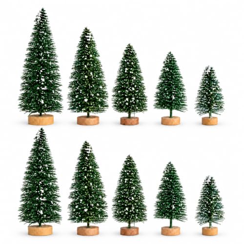 YIGETREE 10 Pack Snowy Mini Christmas Trees – 5 Heights for Village & Tabletop Decor (2 of each size)