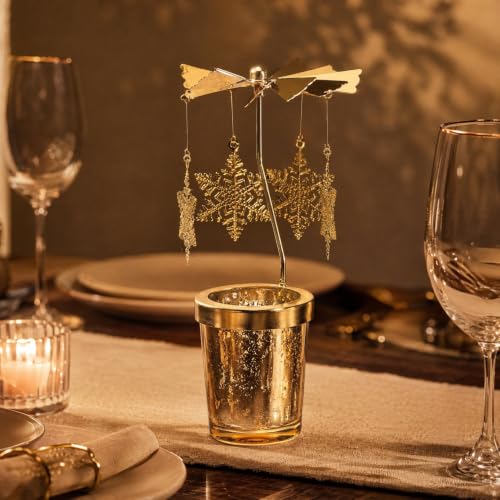 Rotating Christmas Carousel Candle Holder (2 Pack) - Gold Snowflake Tea Light Spinner