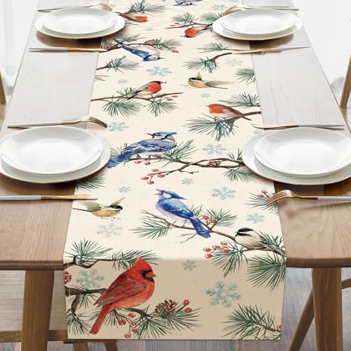 Croar Winter Birds Table Runner 13x72 Inch, Cardinal Blue Jay Robin Chickadee Decor