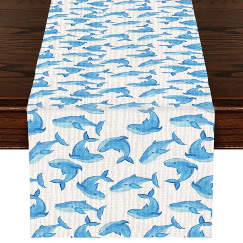Blue Whale Table Runner - Farmhouse Kitchen Decor, 13x72 Inch, Indoor Outdoor Gift