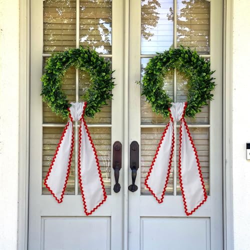 Canvas Wreath Sash for Front Door, White with Red Rick-Rack Trim
