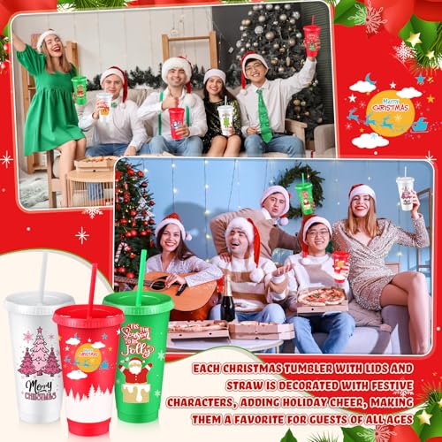 24 Pack Reusable Christmas Tumblers with Lids & Straws, 24oz Holiday Party Cups