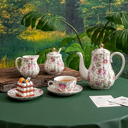 Agyiuns White Floral Tea Cups & Saucers Set - 6.4oz Porcelain Gold Trim, Elegant Gift