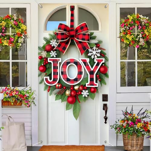 Christmas Door Cover Bow Buffalo Plaid 35x71 Inch Polyester Decor