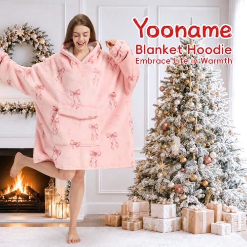 Pink Bow Wearable Blanket Hoodie Oversized Sherpa Sweatshirt for Women Men