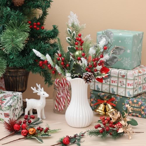 Suncalla 24 Pcs Christmas Berry Picks with Pinecones Holly - Holiday Decor
