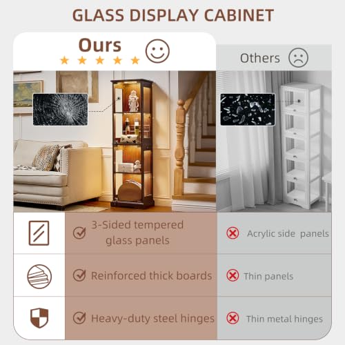 Narrow Glass Display Cabinet with Motion-Sensor Light, Walnut Wood