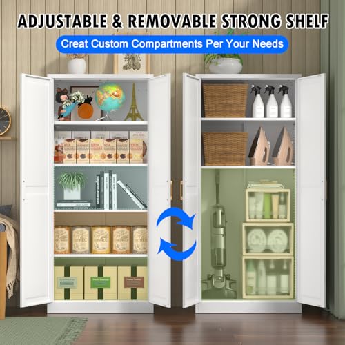 71" Tall White Metal Kitchen Pantry Cabinet with Doors & Adjustable Shelves