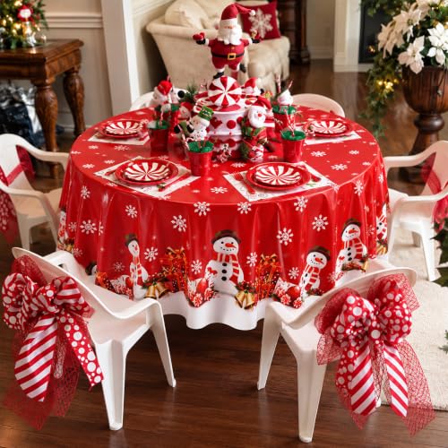 LemonRoad 6 Pcs 84" Red Christmas Round Tablecloths with Snowman - Disposable Holiday Party Linens