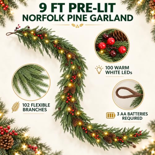 MERRI GLOW 9ft Real-Touch Norfolk Pine Garland - Pre-Lit Artificial Christmas Garland