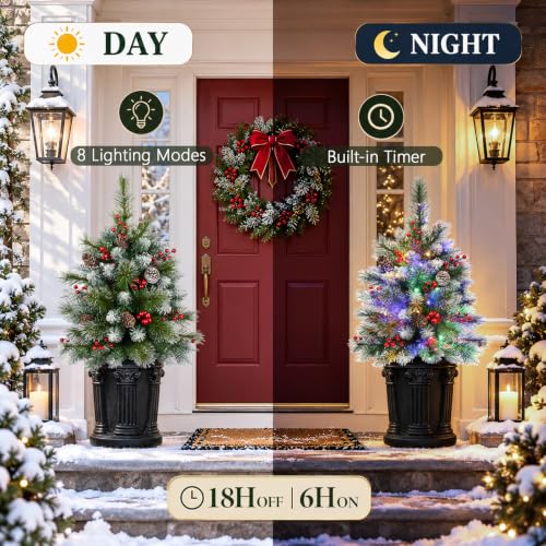 Set of 2 Outdoor Christmas Tree with LED Lights 25.6 Inch Frosted Pine Decor