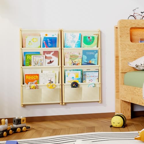 4-Tier Wall Mounted Kids Bookshelf, Natural Pine Wood Floating Book Organizer