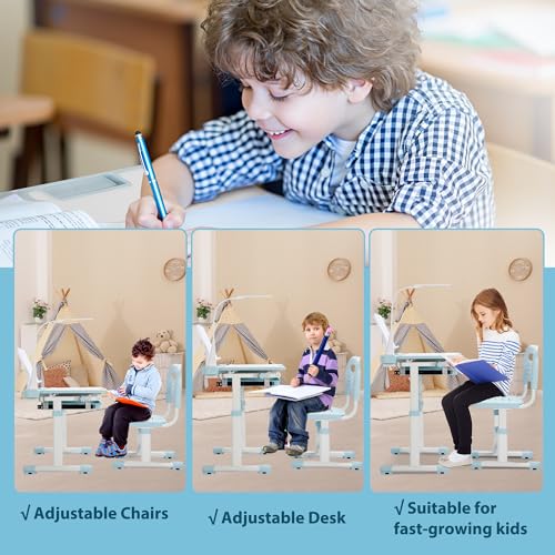 Adjustable Kids Study Desk and Chair Set with LED Lamp and Drawer